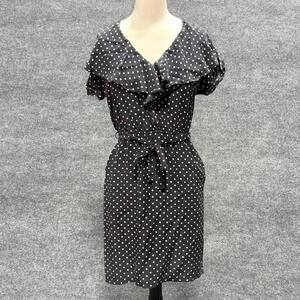 Presley Skye Dress Womens Small Blue Silk Polka Dot Ruffle Neck Tie Waist Midi
